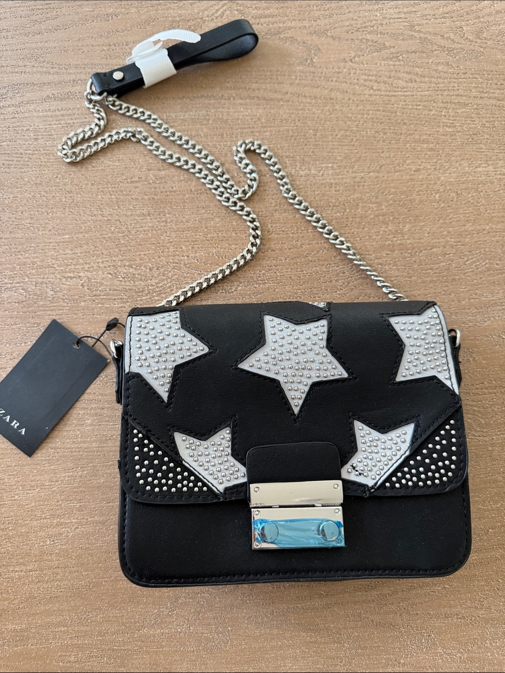 Zara Black Crossbody Bag with White Star Studs and Silver Chain